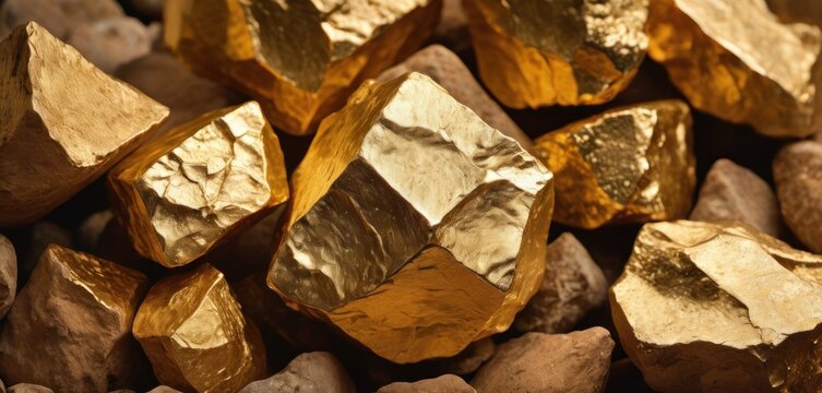  a pile of gold nuggets sitting next to each other on top of a pile of brown and white rocks.