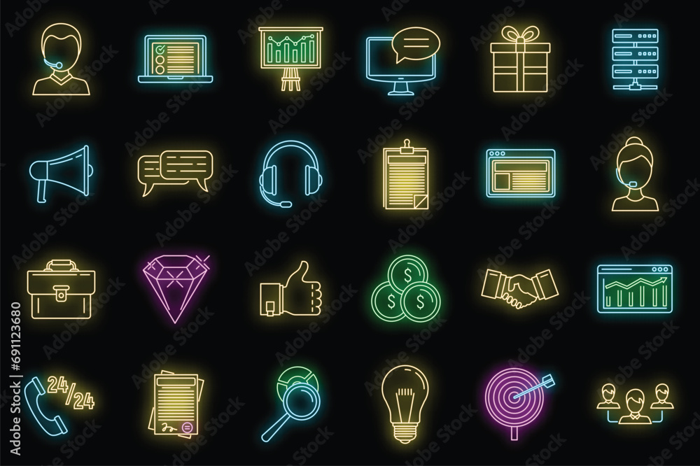 Poster crm platform icons set. outline set of crm platform vector icons neon color on black