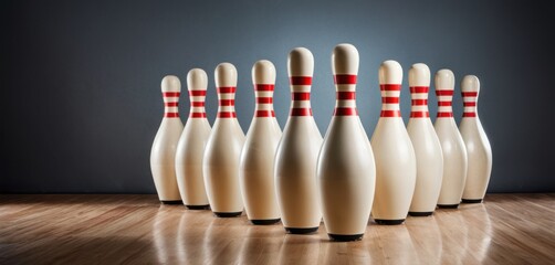  a group of white bowling pins lined up in a row on a wooden floor in front of a dark background. - obrazy, fototapety, plakaty