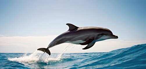  a dolphin jumping out of the water with it's mouth open and it's head above the water.