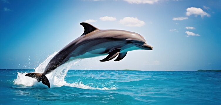  a dolphin jumping out of the water with its mouth open and it's head above the water's surface.