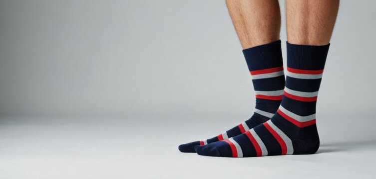  A Man Wearing A Pair Of Socks With Red, White, And Blue Stripes On The Bottom Of His Socks.