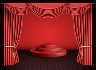 Theater stage with red curtain and wooden floor. Vector illustration.