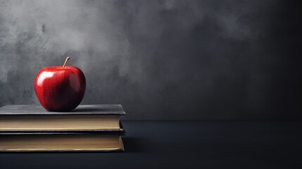 a red apple sitting on top of a stack of books on top of a black table next to a gray wall with smoke coming out of the back of it. - obrazy, fototapety, plakaty