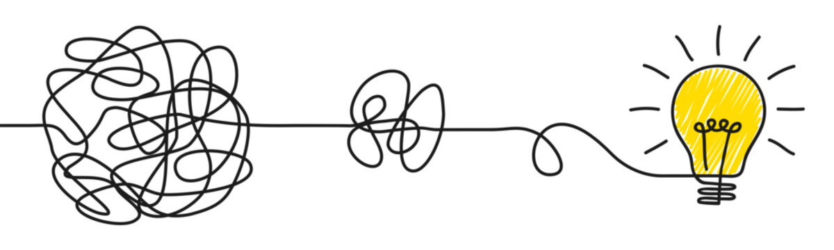 Chaotic mess lines are transformed in lightbulb continuous one line drawn, keep it simple business concept for project management, simplifying complex process lightbulb, innovations untangled problem