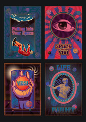 Psychedelic Style Abstract Posters Template Set: Astronaut in Outer Space, Engraving Eye, Retro Boxer Gentleman in Cap, Hand. Psychedelic Colors and Geometric Shapes 