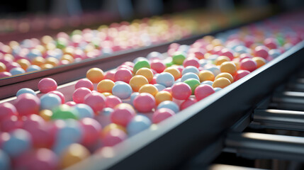 Automated preparation of pastel colors sweets, candy factory conveyor belt, food industry, filling and packaging of colorful candies. - obrazy, fototapety, plakaty