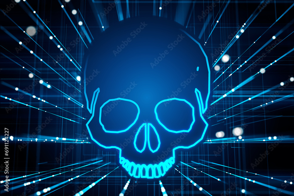 Poster Glowing blue skull on a binary code background. Digital piracy concept. 3D Rendering