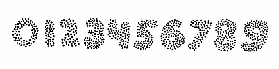 Black digits numbers font from 0 to 9 font collection consisting of dots. Vector illustration in doodle hand drawn style isolated on white background. For menu, design, discount.