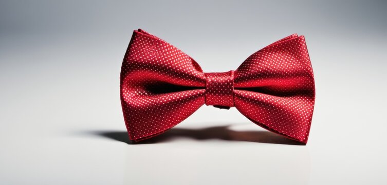  a close up of a red bow tie on a white surface with a shadow of a person's hand.
