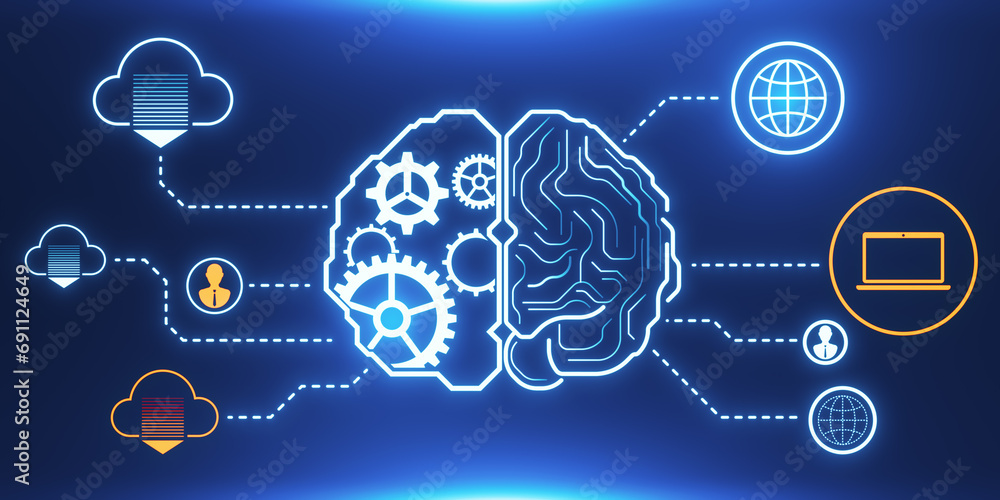 Aufkleber creative digital brain hologram with cogwheels and various connected icons on blue background. inven