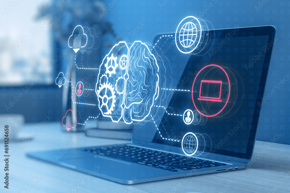 Poster Close up of laptop computer on desk with creative digital brain hologram with cogwheels and various connected icons on blue background. Invention, ai and innovation concept. 3D Rendering.
