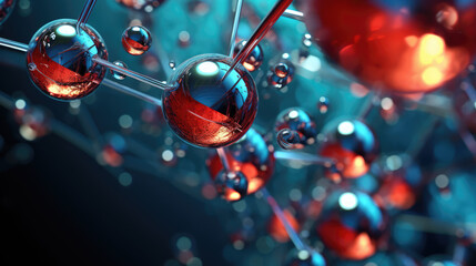 Macro wallpaper with glossy Ionized H2O water molecules balls, electrolysed, microscopic composition. 3d render style, science and chemistry, moisturizing and hydration.