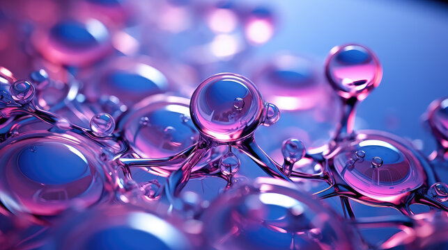 Macro wallpaper with Ionized H2O purple water molecules balls, electrolysed, microscopic composition. 3d render style, science and chemistry, moisturizing and hydration.