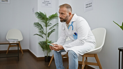 Handsome young man, a serious-faced doctor, texting on smartphone while relaxedly sitting in...