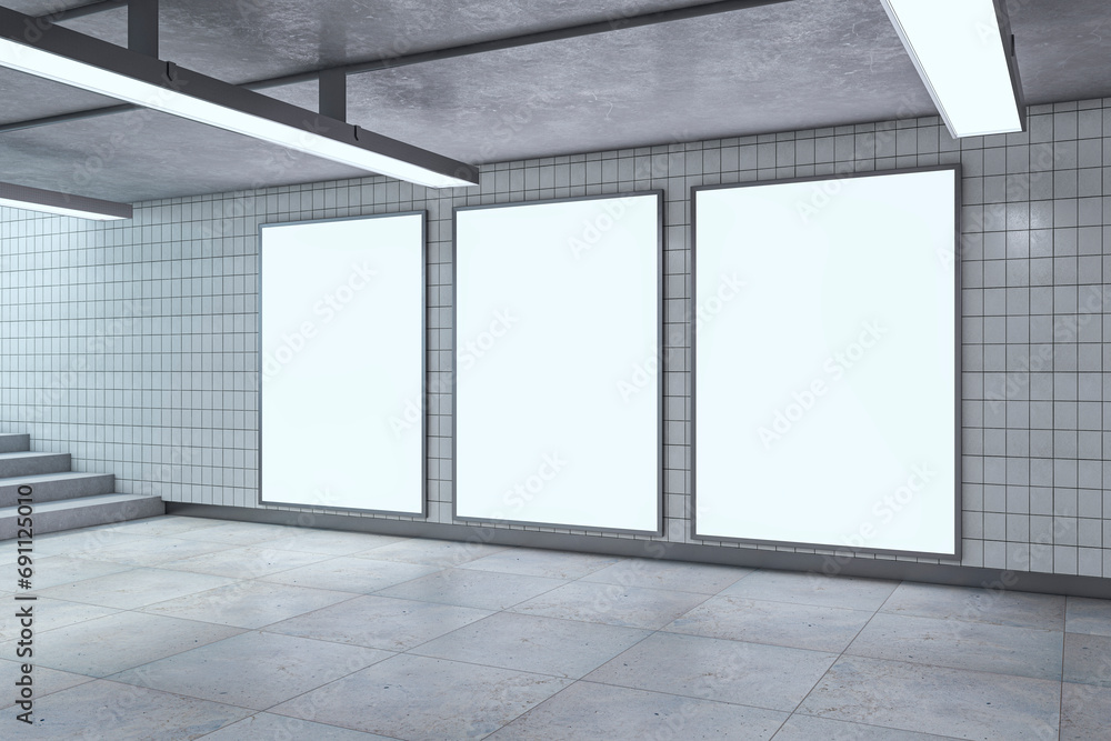 Aufkleber modern underground passage with empty mock up billboards, ceiling lamps and stairs. subway tile wall