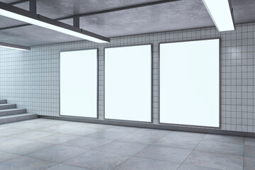 Modern underground passage with empty mock up billboards, ceiling lamps and stairs. Subway tile wall. 3D Rendering.