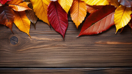 Fall leaves border on light wooden surface copy space created with Generative Ai