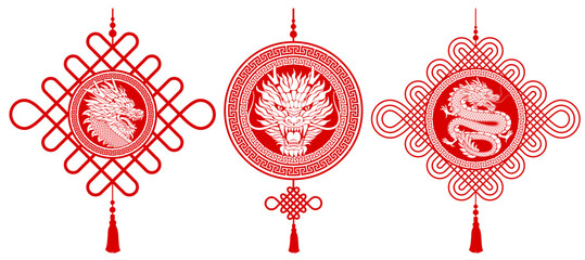 Set of Chinese knots with tassel, which using in lunar new year celebration, for good luck and fortune. With drawings of dragon silhouettes, symbol of 2024 Chinese New Year. Vector illustration - obrazy, fototapety, plakaty