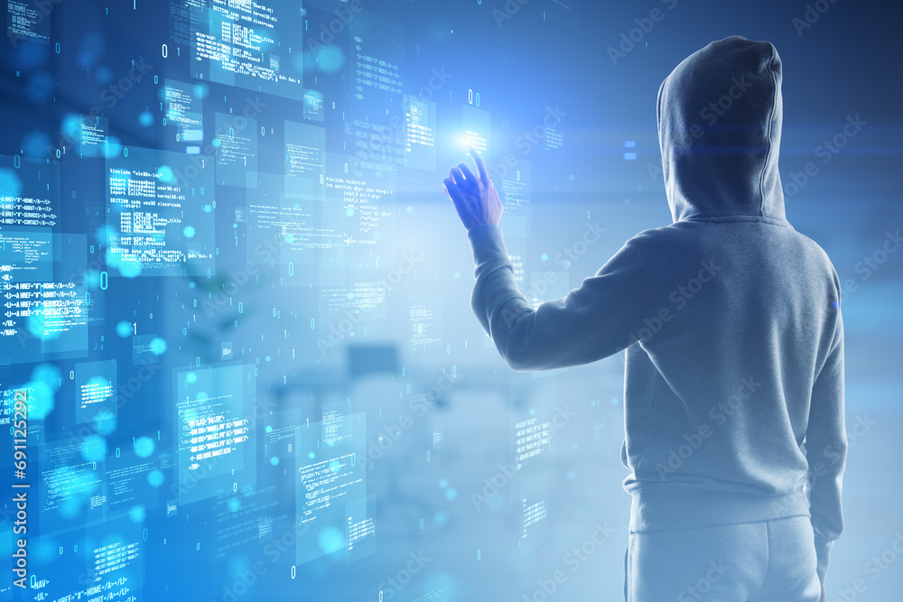 Aufkleber Hacker using creative binary coding hologram on blurry background. Software programming code and hacking. Double exposure.