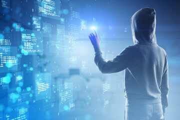 Hacker using creative binary coding hologram on blurry background. Software programming code and hacking. Double exposure.