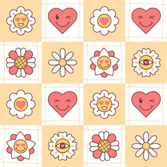 Groovyseamless patterns with smiling happy flowers, hearts and checkerboard grid. vector background in trendy retro 2000 style. Fun hippie texture for design