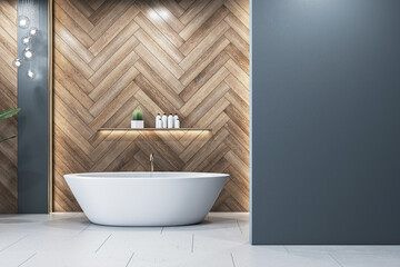 Elegant bathroom with freestanding bathtub against herringbone wood wall. Interior design concept. 3D Rendering