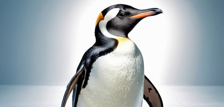  a close up of a penguin on a white and blue background with a black and white penguin on the right side of the frame.