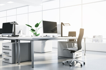 Modern coworking office interior with panoramic city view. 3D Rendering.