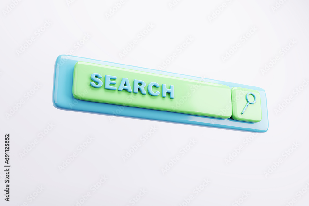 Poster stylized search bar on a minimalistic blue and green background. conceptual design. 3d rendering