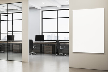 Modern coworking office interior with blank mock up banner on wall and furniture. 3D Rendering.