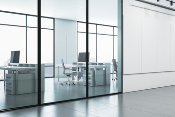 Contemporary office corridor with concrete walls and floor, windows with city view and reflections. 3D Rendering.