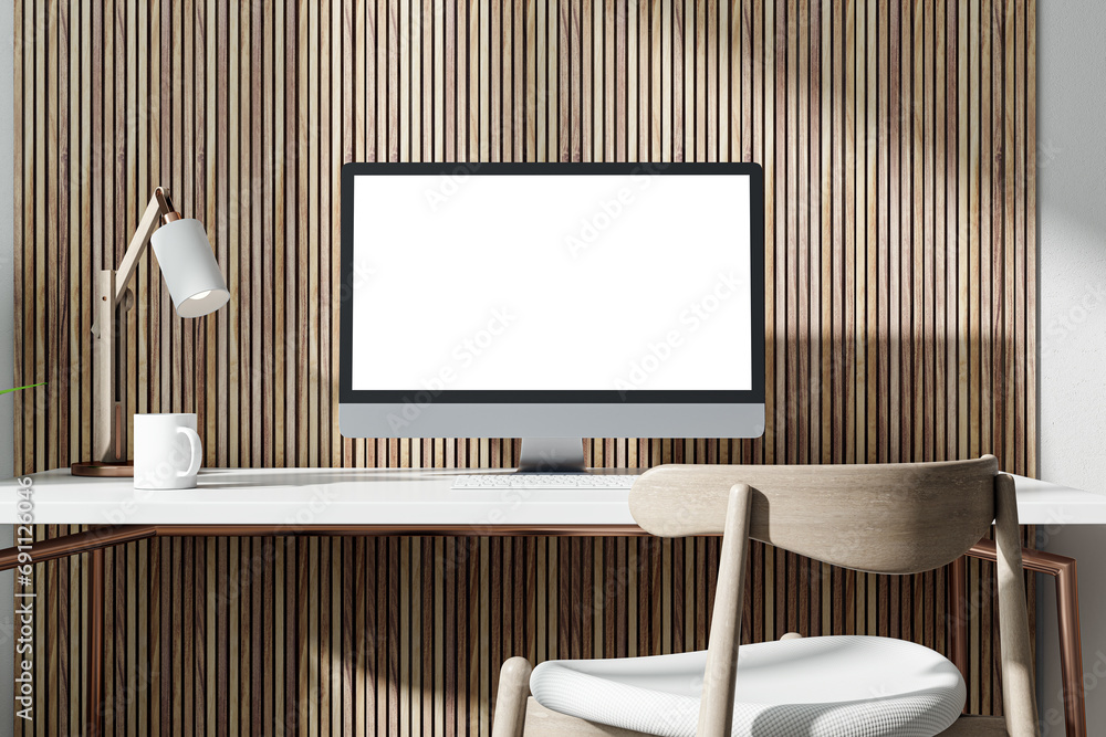 Poster modern designer office interior with empty white computer monitor, lamp and other items. decorative 