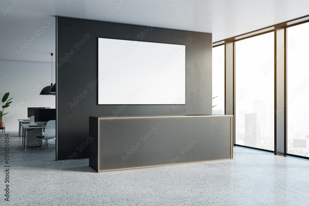Poster modern office interior with sunlight, reception desk, window with city view and blank white mock up 