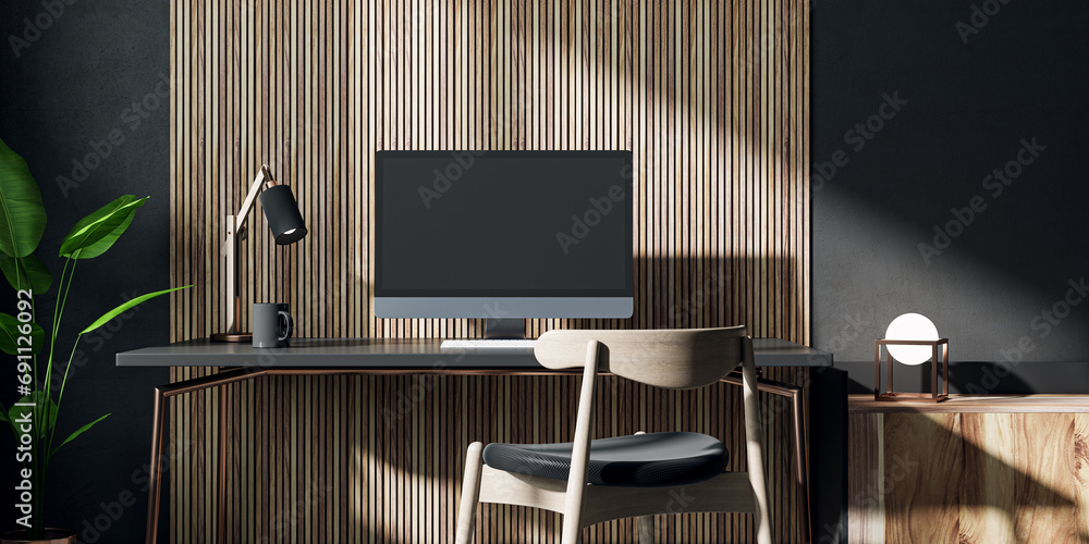 Poster clean designer office interior with empty computer monitor, lamp and other items. decorative wooden 