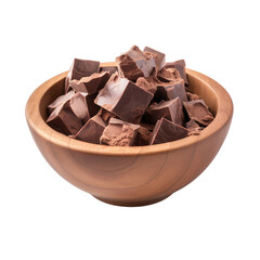 A wood bowl full of scraped cooking chocolate as ingredients isolated background 