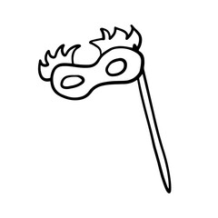 Vector hand drawn masquerade mask on the stick for birthday party, celebration, carnival, masquerade. Doodle face mask for New Year night, Christmas, wedding, princess party. Scribble, thin, bold line