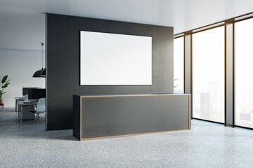 Modern office interior with sunlight, reception desk, window with city view and blank white mock up frame on gray wall. 3D Rendering.