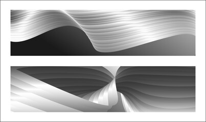 Monochrome cover design, abstract background. Wavy silver parallel gradient lines, ribbons, silk. Set of 2 backgrounds. Black and white with shades of gray banner, poster. eps vector
