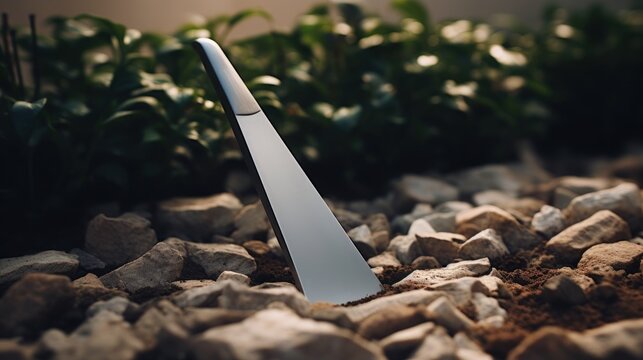  a pair of scissors laying on top of a pile of rocks next to a garden bed of green leaves and rocks with a light shining on the top of the blades of the blades.