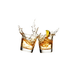 2 tequila shots hitting each other on a white background