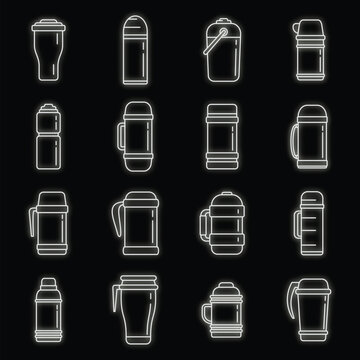 Modern vacuum insulated water bottle icons set. Outline set of modern vacuum insulated water bottle vector icons neon color on black