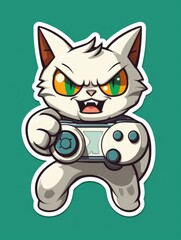 Cartoon sticker evil gamer kitten with game joystick, AI