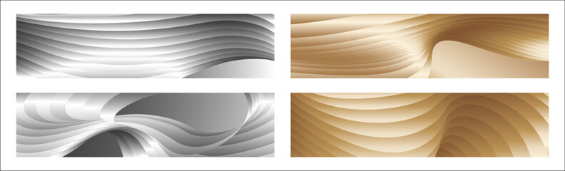 Wavy silver and gold parallel gradient lines, ribbons, silk. Set of 4 backgrounds. Black and white with shades of gray or golden silk. Banner, poster. eps vector