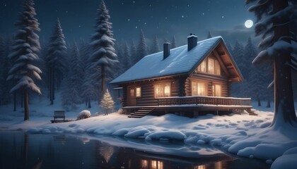 Log Cabin Serenity: Winter Night in 3D