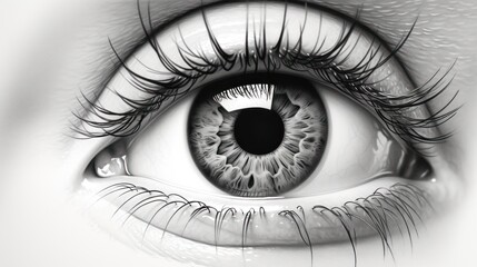  a close up of a person's eye with long lashes and a large eyeball in the center of the iris of the eye, with a black and white background.