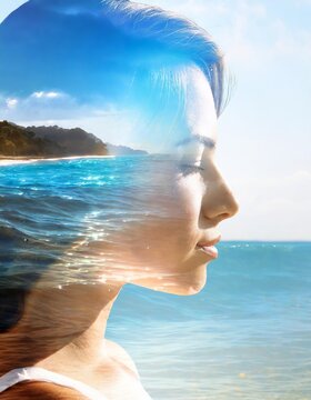Double exposure image of a woman with a natural sea landscape on white background