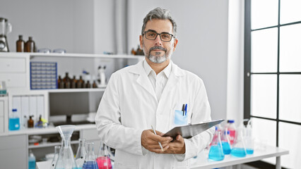 Naklejka na ściany i meble Handsome, grey-haired young hispanic man concentrating on medical research, standing indoors in science lab with clipboard