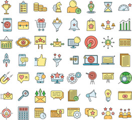 Smm icons set. Outline set of smm vector icons thin line color flat on white