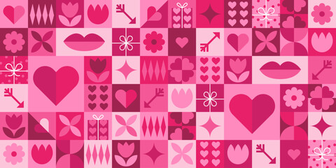 Geometric Valentine's day seamless pattern with simple shapes. Romantic vector background. Love and hearts. Modern abstract concept for print, banner, fabric, card, wrapping paper, cover.